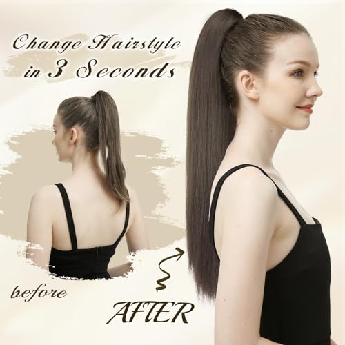 FESHFEN Claw Ponytail Extensions - Long Straight Ponytails for Women Hairpieces Synthetic Hair Pony Tails Extension Clip in Hairpiece, 25 inch Honey Blonde Mixed Light Brown