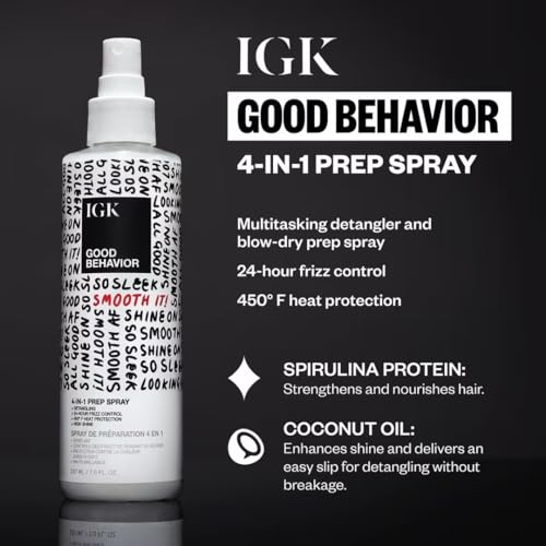 IGK GOOD BEHAVIOR 4-in-1 Prep Spray | Leave In + Detangle + Heat Protectant | Vegan + Cruelty Free |