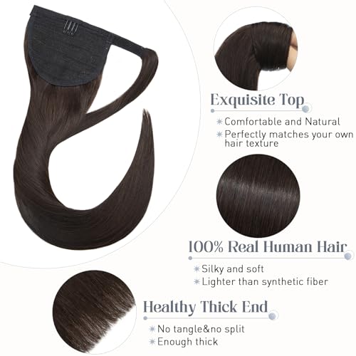 Rich Choices Ponytail Extension 100% Real Human Hair Wrap Around Remy Ponytail Extension for Women One Piece Clip In Long Pony tail Extensions Straight 18 Inch #2 Dark Brown