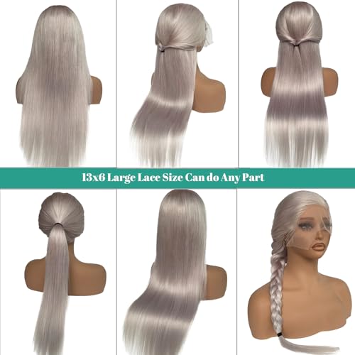 Munx Human Hair Lace Front Wig for Black Women 180% Density Thick 13x6 HD Transparent Glueless Wigs Wear and Go Silver Grey Real Human Hair Straight Pre Plucked Lace Front Wigs 22"