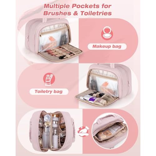Travel Toiletry Bag for Women with Hanging Hook, Water Resistant Puffy Makeup Organizer with Leak Proof Pockets for Toiletries and Cosmetics - Pink (Bag Only)