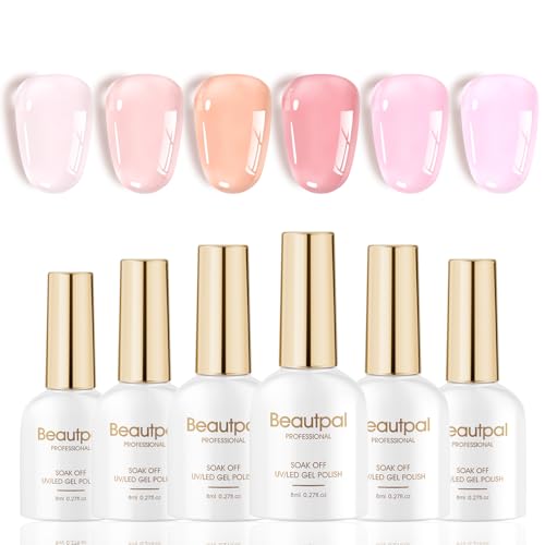 Beautpal Milky Jelly Gel Nail Polish Set of 6 Colors 8ml Nude Pink Transparent Gel Polish Sheer Nude Gel Polish Kit for Salon Gel Manicure and Nail Art DIY at Home