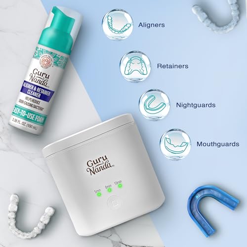 GuruNanda Retainer Cleaner Set ? Ultrasonic & UV Cleaning Pod & Aligner Cleaning Foam, Deep Clean & Odor Neutralization for Retainers, Aligners, Dentures & Mouthguards