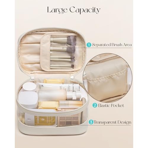 Vlando Travel Makeup Bag, Large Travel Toiletry Bag for Women Girl, Waterproof Cute Cosmetic Bag with Handle, Clear Make up Bag for Cosmetic, Brushes, Skincare-Cream White