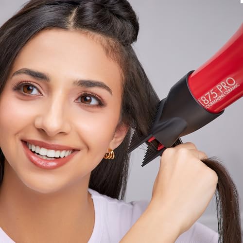 KISS 1875 Watt Pro Tourmaline Ceramic Hair Dryer, Styling Edition, 3 Heat Settings, 2 Speed Settings, Cool Shot Button, 7 Blow Dryer Accessories Included, 2-Year Warranty - Red