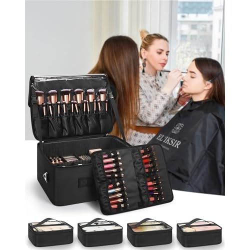 Relavel Extra Large Makeup Case Professional Cosmetic Storage Organizer Box Brush Holder with 4 Clear Set Bags & Lipstick Plate for Makeup Artists with Shoulder Strap & Adjustable Dividers