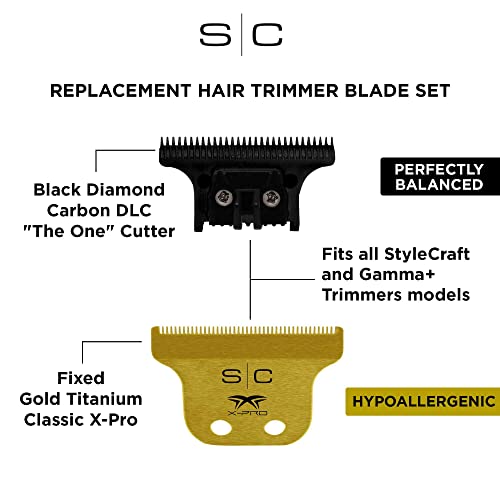 StyleCraft Replacement Fixed Gold Titanium Classic X-Pro Hair Trimmer Blade with Black Diamond Carbon DLC The One Cutter Set