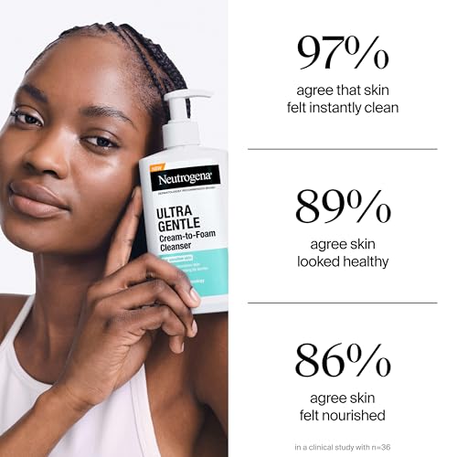 Neutrogena Ultra Gentle Cream to Foaming Face Wash for Sensitive Skin, Fragrance-Free Gentle Facial Cleanser, Hypoallergenic Skin Care, Non-Comedogenic Makeup Remover, 12 fl oz