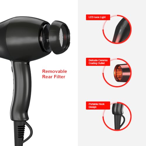 1875W Professional Hair Dryer, Salon Lightweight Ionic Blow Dryer, 2 Speed and 3 Heat Settings, Powerful Ceramic Fast Dryer with Diffuser, Concentrator and Comb (Black)
