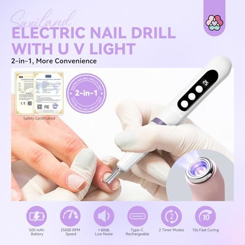 SAVILAND Cordless Nail Drill with U V Light: 25000 RPM Nail Drill Professional & U V Light for Removal & Solidification of Nails 2in1 for Home Nail Art Manicure Pedicure £¨White£©