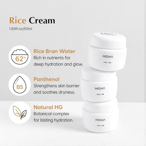 MIDHA Rice Cream 1.69fl.oz/50ml, Deep Hydration, Glow-Enhancing, Skin Barrier Support ? Moisturising, Lightweight Daily Cream with Dewy, Radiant Finish, for Rice Face Spots