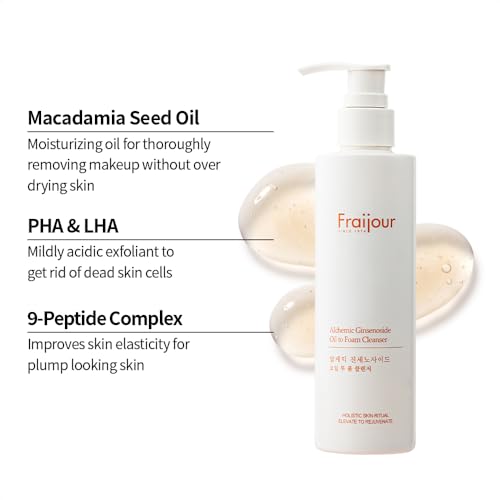 Fraijour Alchemic Ginsenoside Oil to Foam Cleanser ? Oil-to-Foam Facial Cleanser with Ginsenoside, PHA & LHA, Gently Removes Makeup & Impurities, Hydrating & Exfoliating, 7.41 oz.