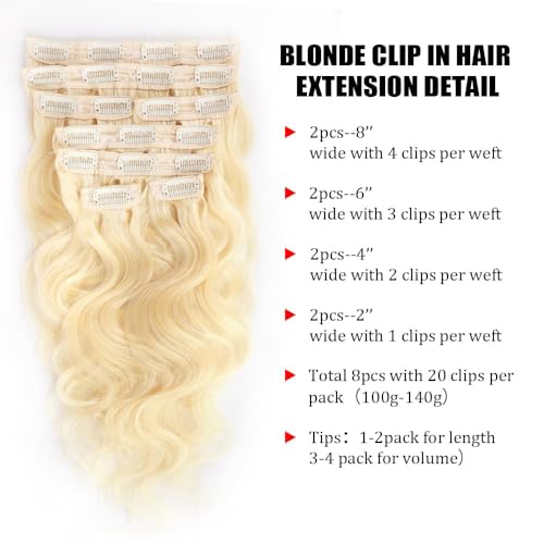 Clip in Hair Extensions Real Human Hair 30 Inch Blonde Body Wave Clip in Hair Extensions 100% Brazilian Remy Human Hair Extension for Women 8pcs 110g Per Set with 20 Clips Double Weft