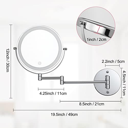Wall Mounted Makeup Vanity Mirror with Lights, 8¡± Double Sided 1X/10X Wall Mount Magnifying Bathroom Shaving Mirror with 3 Color Lights, Rechargeable Touch Dimmable Extendable Cosmetic