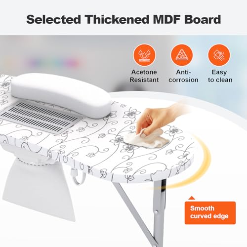 Portable Nail Table for Nail Tech on Wheels, Foldable Professional Manicure Table Travel Nail Desk with LED Lamp/Dust Collector/3 Dust Bags/Wrist Cushion/Storage Bag, White