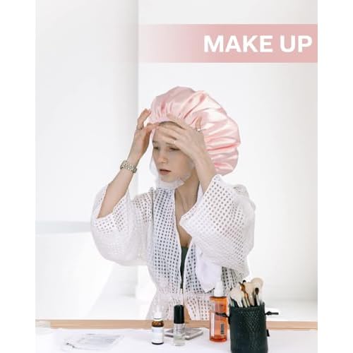 Aquior Shower Cap,Triple Layer Shower Cap for Women, Reusable Waterproof Bath Cap,Silky Satin Outer Layer Terry Lining, Extra Large for Women Long Hair(Pink)