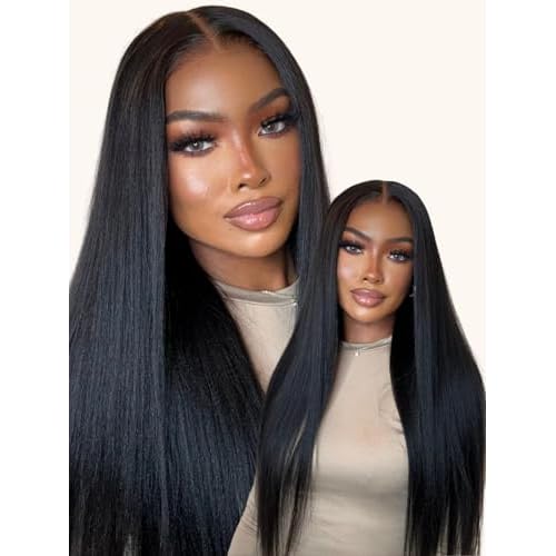 Nadula Bye Bye Knots Glueless Wig Yaki Straight Human Hair Pre Cut 7x5 Invisible Knots HD Lace Front Put on Go Wig Pre Plucked Ready to Go Light Kinky Staight Wigs 150% Density 14inch