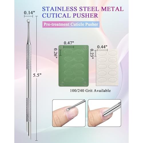 Loop Cuticle Pusher, Pre-treatment Cuticle Pusher, Stainless Steel Round Cuticle Pusher with 100#/240# Grit Nail Files and 1p Storage Bags, For Salon & Home Use