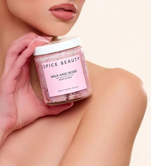 Spice Beauty Milk and Rose Body Scrub - In-Shower Moisturizer with Hydrating Coconut Oil, Calming Roses, Shea Butter - Gentle Body Exfoliation Skincare - 9 Oz