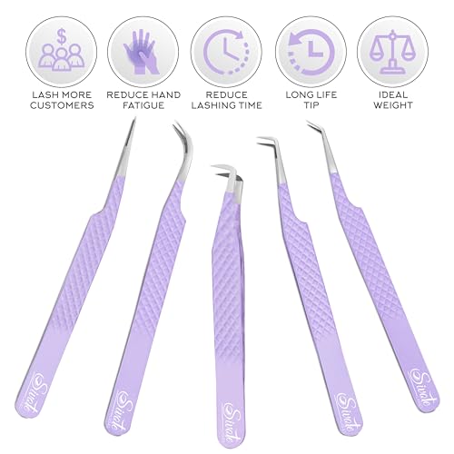 SIVOTE Lash Tweezers for Eyelash Extensions, Pack of 5 Purple ? Lash Extension Tweezers Set with Diamond Grip, Precision Fiber Tip for Volume Eyelash Extensions