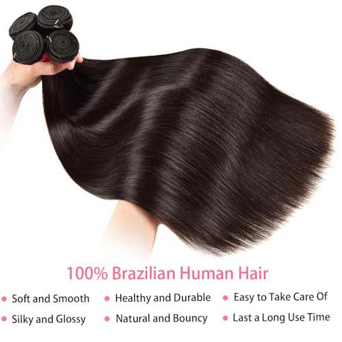 Straight Bundles Human Hair, 22 24 26 Inch Bundles Straight Hair Brazilian 12A Double Weft Hair Extensions for Black Women 100% Unprocessed Virgin Human Natural Black