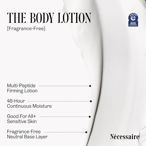 N?cessaire The Body Lotion. Fragrance-Free. Multi-Peptide Firming Lotion to Moisturize, Firm, Strengthen. 2.5% Niacinamide, Vitamin C/E + Omega 6/9. 2.4 fl oz