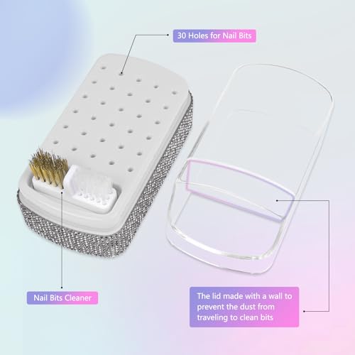 2 in 1 Nail Drill Bits Holder: 30 Holes Nail Bits Organizer Case with Cleaner Brush, Dustproof Efile Nail Tech Bits Storage Container Box Manicure Tools Accessories Display for Salon Home(Only Box)