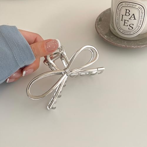 1Pcs Metal Silver Bow Hair Claw Clips - Large Fashion Hair Accessories for Women Girls, Strong Hold Alloy Elegant Jaw Grip Clips for Thin or Thick Hair Styling