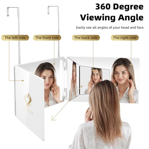 LED 3 Way Mirror to See Back of Head 360 Mirror for Women for Braiding Hair Telescoping Hooks Anti-Fog HD Glass Three Way for Self Hair Cutting Makeup Trifold