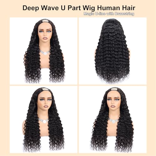 Deep Wave U Part Wigs Human Hair 26Inch Virgin Brazilian Remy Deep Curly U Shape Wig Human Hair Wigs for Black Women 180% Density Glueless Full Head Middle Part Clip in Half Wig Natural Color