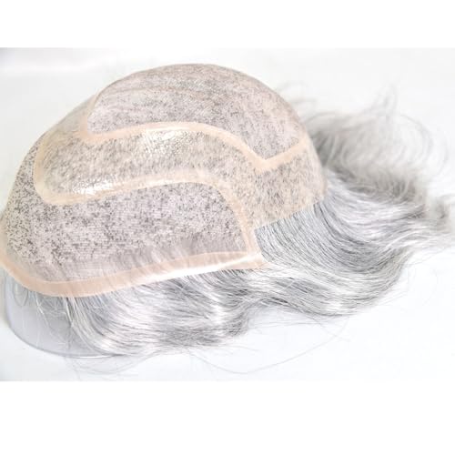 Men's Toupee 10"¡¿8" European Virgin Human Hair Toupee Hair pieces for Men Thin Skin Hair Replacement System Lace Front+ Mono Net with PU around Base for Men (#1b mix 80% grey synthetic hair)