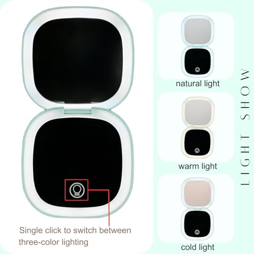 Makeup Mirror with Lights - Dual-Sided Green LED Pocket Mirror, 1X/5X Magnifying Travel Mirror, 3 Light Modes, Rechargeable Handheld Mirror for On-The-Go Makeup, Grooming, and Gifts