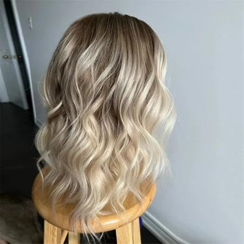 Short Bob Ash Blonde Lace Frontal Wig Human Hair Brown Highlight 13x4 Water Wave HD Transparent Lace Front Human Hair Wigs For Women 180% Density Brazilian Hair Blonde Highlight Wigs 12Inch