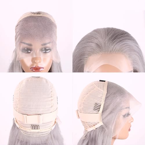 Grey Lace Front Wigs Human Hair Silver 13x4 Straight HD Transparent Lace Frontal Human Hair Wig for Woman Glueless Brazilian Virgin Human Hair Wig Pre Plucked Bleached Knot 28 Inch 180% Density