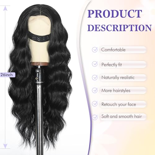 SCENTW Glueless Wigs Black Wig for Women Hand-Tied Lace Synthetic Lace Front Wig Long Wavy with Natural Hairline Middle Part Synthetic wig for Daily Party Beginners