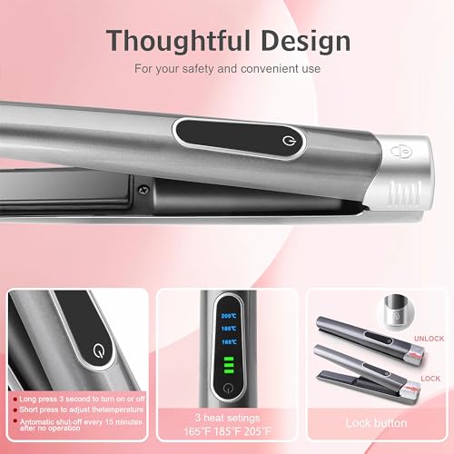 Cordless Hair Straightener and Curler, 2 in 1 Portable Mini Flat Iron & Curling, Fast Heating & Titanium Plate Straightener Curling Iron with 3 Adjustable Temp, LCD Temp Display
