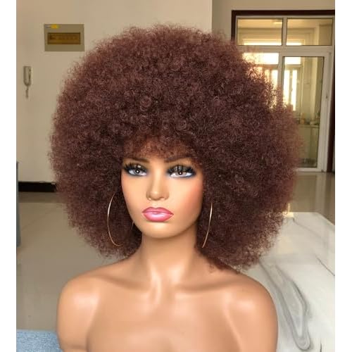 Short Afro Wig with Bangs for Black Women Afro Kinky Curly Wig 70s Premium Synthetic Big Afro Wigs(Red Brown)