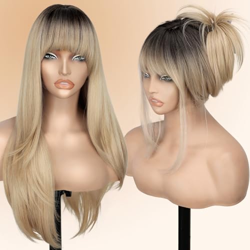 Nnzes Ombre Blonde 26-inch Long Wig with Bangs for Women - Straight Layered Style, Realistic Scalp, Freestyle Parting, Natural-Looking & Heat-Resistant Synthetic Hair for Daily and Party Use