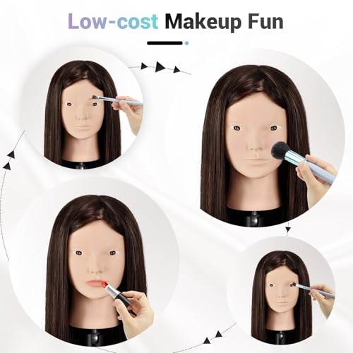 Mannequin Head with 80% Human Hair, 26" Straight Hair Manikin Head, Training Doll Head for Cosmetology & Makeup Practice Real Hair with Clamp Holder and Styling Kits (Dark Brown)