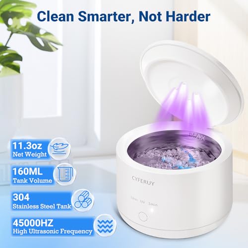 Ultrasonic Retainer Cleaner - 45kHz Retainer Cleaner Machine Dental Cleaning Pod for Dentures, Mouth Guard, Night Guard, Toothbrush Heads, Jewelry with 3 Modes & 160ML Capacity