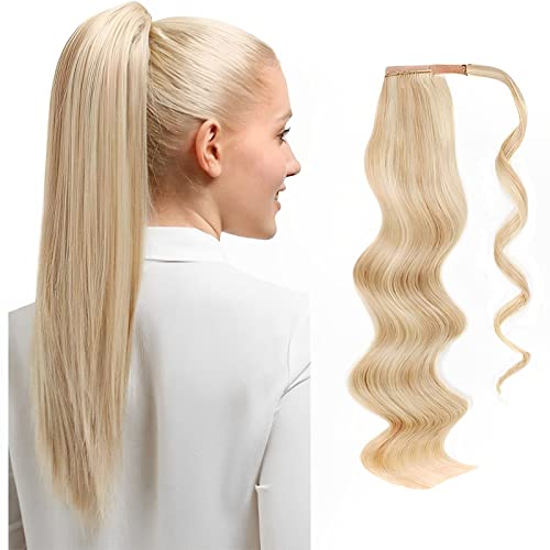 ABH AMAZINGBEAUTY HAIR Hair Women Ponytail Extension, Remy Human Hair, Wrap in Easy to Use, 100 Gram, Dirty Blonde with Platinum Blonde Highlights P12-60 Color, 20 Inch