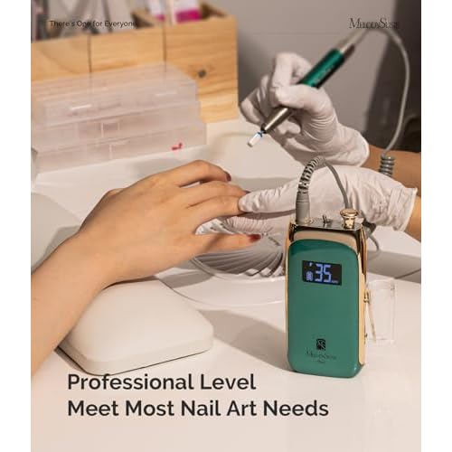 Melodysusie Nail Drill Professional Brushless MB450C, 35,000RPM Portable Electric Nail File, Cordless Efile Nail Drill Machine for Gel Nails, Rechargeable E Filer Kit with 8 Bits, Jade Plus, Green