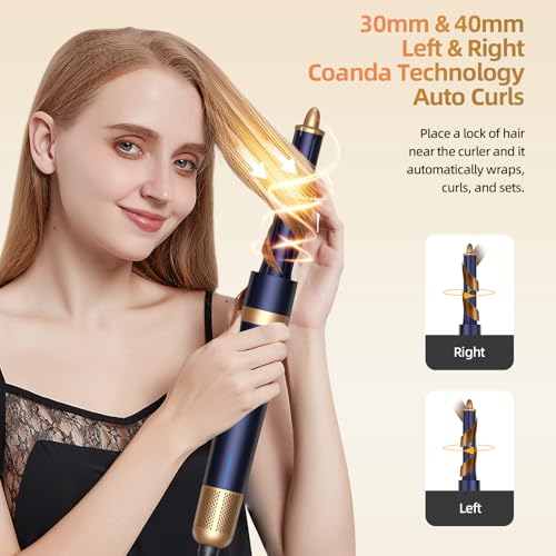 T-GOGO Hair Dryer Brush Professional: 6 in 1 Hot Air Hair Styler & Dryer Set, Powerful Hair Air Curling Iron High-Speed Negative Ionic Blow Dryer, Auto-Wrap, No Heat Damage (Dark Blue)