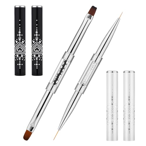 2pcs Hard Gel Nail Brush, French Manicure Brush French Tip Nail Gel Liner Brush, Builder Gel Brushes for Design Nails Dual-Ended Nail Design Brushes Rhinestone Handle Nail Brush Professional Nail Art