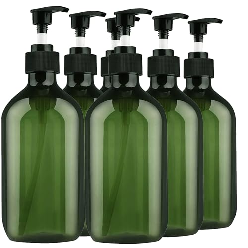 FOOCHY 6 Pack Empty Plastic Bottles with Pump Dispenser and 6pcs Labels Included, Refillable Travel Containers for Hand sanitizer Shampoo Lotion, etc - No BPA/Paraben, 500ml/16.9oz (Green)