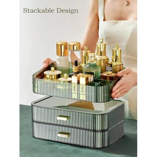 MIUOPUR Makeup Organizer with Stackable Drawers, Bathroom Vanity Organizers and Storage, Ideal for Desk and Dresser Countertops, Great for Cosmetics, skincare, Lipsticks, Nail Care -Green
