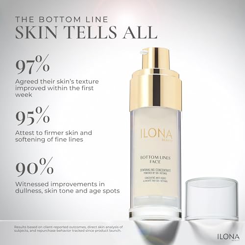 ILONA Bottom Lines Face | Brightening and Collagen Regenerating Serum for Deep Wrinkle Reduction | Powered by SR+ Retinol with RNA/DNA, Peptides, Hydrolyzed Proteins & Vitamin C | 1.0 oz