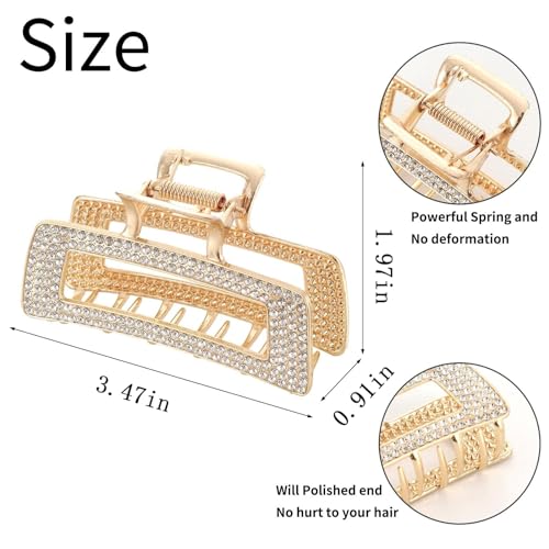 3.5 Inch Square Metal Large Claw Clips, 4 Pack Rhinestones Hair Clamps for Women and Thinner,Thick hair styling,Strong Hold jaw clips