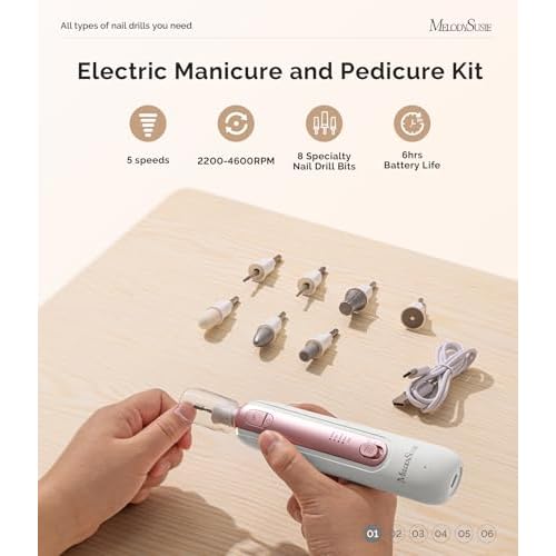 MelodySusie Cordless Pedicure & Manicure Nail Drill Kit, PC760G for Salon-Quality Foot Care for Home & Travel, Rechargeable with 5 Speeds, 8-in-1 Bits, 360¡Æ LED Light & Anti-Dust Shield