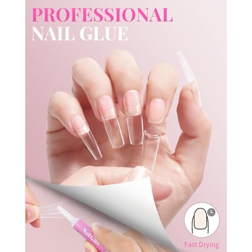 MORGLES Clear Acrylic Nail Tips, 500 Pcs French Nail Tips Square Half Cover with Glue, Clipper, Files and Cuticle Fork for Salons and Home DIY